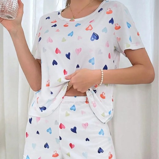 Biały komplet piżamowy damski w kolorowe serca - Biały S ze sklepu Intimica.pl w kategorii Piżamy damskie - zdjęcie 186414446