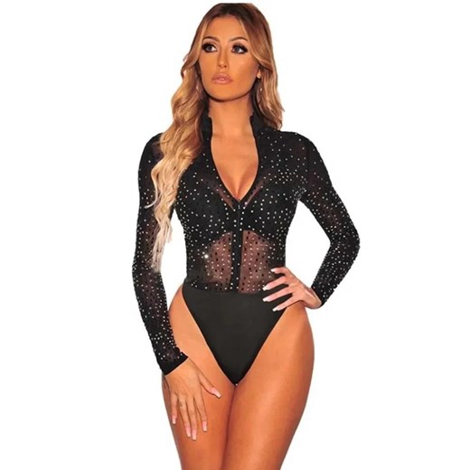 Błyszczące body z długim rękawem - Czarny S ze sklepu Intimica.pl w kategorii Body damskie - zdjęcie 186415207