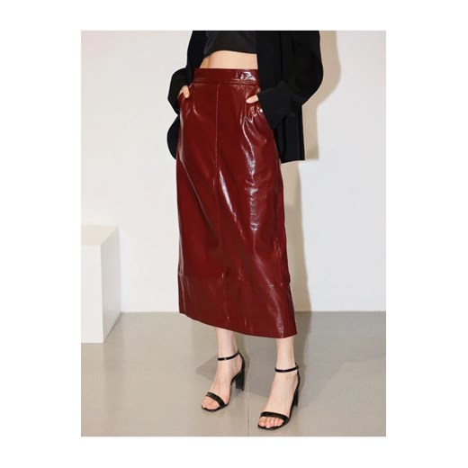 Bordowa spódnica skórzana midi - Bordowy XS ze sklepu Intimica.pl w kategorii Spódnice - zdjęcie 186415588