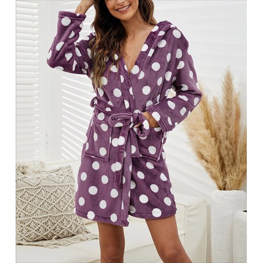 Ciepły szlafrok w kropki - Fioletowy S ze sklepu Intimica.pl w kategorii Szlafroki damskie - zdjęcie 186415827