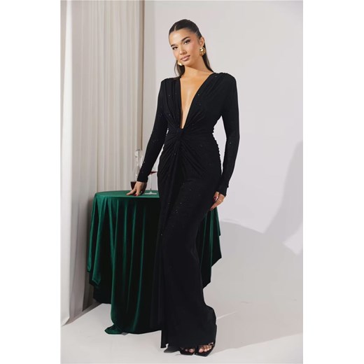 Długa błyszcząca sukienka z rozcięciem na nogę - Czarny S ze sklepu Intimica.pl w kategorii Sukienki - zdjęcie 186416287