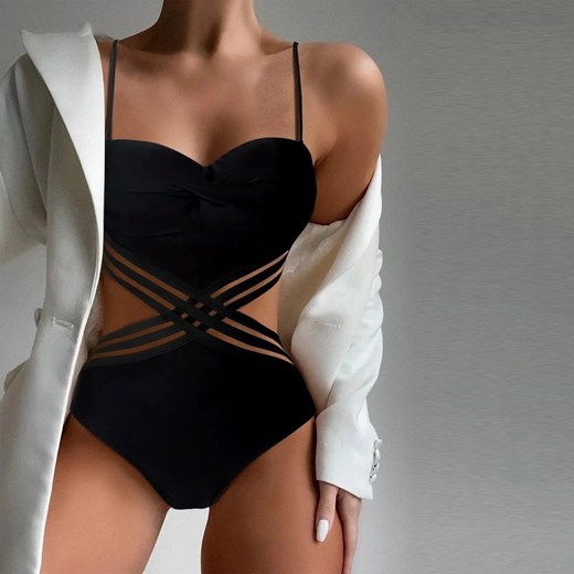 Jednoczęściowy strój kąpielowy na cienkich ramiączkach - Czarny S ze sklepu Intimica.pl w kategorii Stroje kąpielowe - zdjęcie 186417815