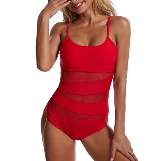 Jednoczęściowy strój z siateczkowym materiałem - Czerwony S ze sklepu Intimica.pl w kategorii Stroje kąpielowe - zdjęcie 186417998