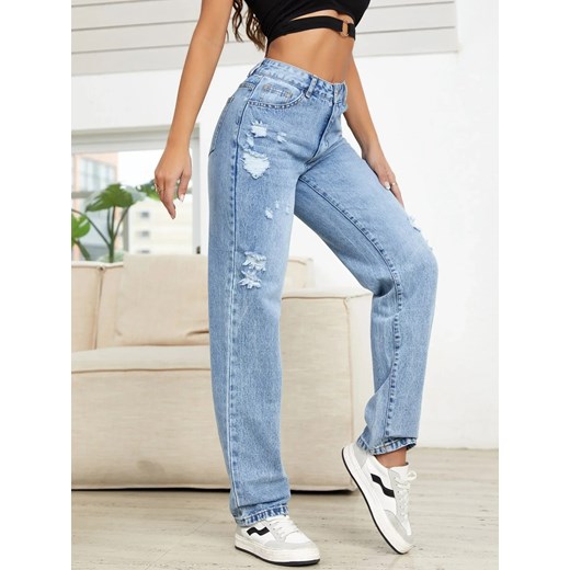 Klasyczne jeansy damskie z przetarciami i prostą nogawką - Niebieski XS ze sklepu Intimica.pl w kategorii Jeansy damskie - zdjęcie 186418497
