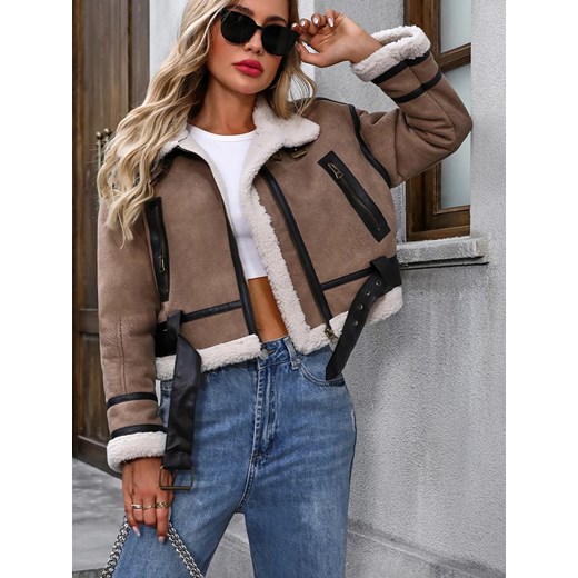 Krótki kożuch damski ze skórzanymi elementami - Beżowy XS ze sklepu Intimica.pl w kategorii Kurtki damskie - zdjęcie 186420425