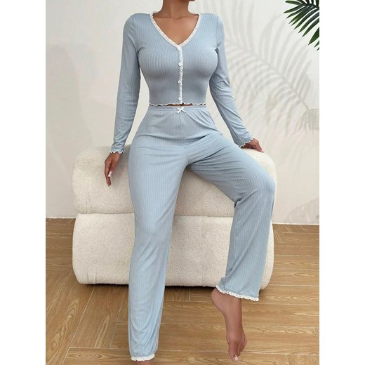 Ozdobny damski komplet domowy - Niebieski S ze sklepu Intimica.pl w kategorii Komplety i garnitury damskie - zdjęcie 186421485