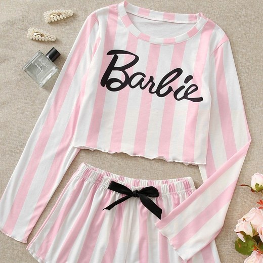 Piżama w paski z nadrukiem - Różowy S ze sklepu Intimica.pl w kategorii Piżamy damskie - zdjęcie 186421665