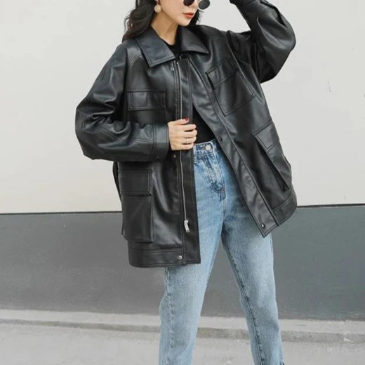 Skórzana kurtka damska o luźnym kroju - Czarny S ze sklepu Intimica.pl w kategorii Kurtki damskie - zdjęcie 186423315
