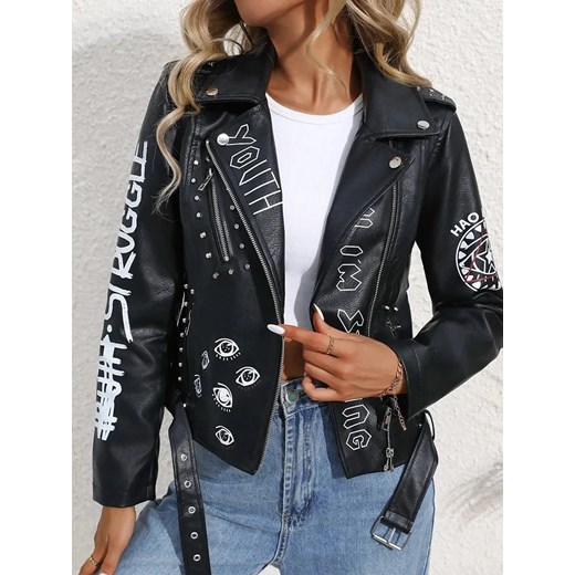 Skórzana kurtka damska z nadrukami - Czarny S ze sklepu Intimica.pl w kategorii Kurtki damskie - zdjęcie 186423337