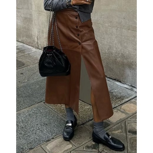 Skórzana spódnica maxi z rozcięciem - Brązowy S ze sklepu Intimica.pl w kategorii Spódnice - zdjęcie 186423386