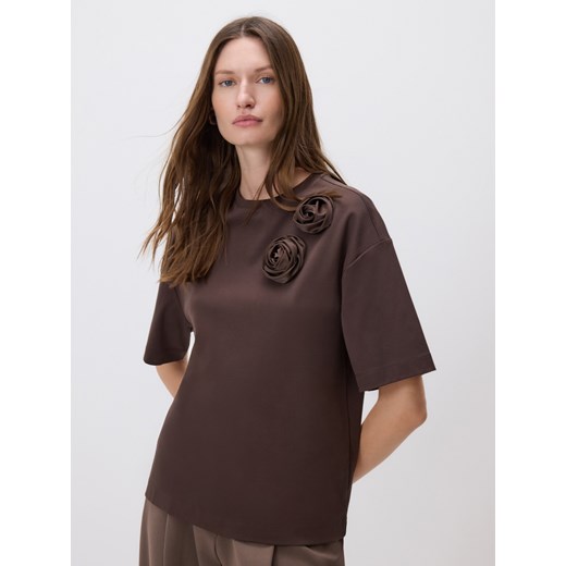 Reserved - T-shirt z merceryzowanej bawełny - ciemnobrązowy Reserved L Reserved