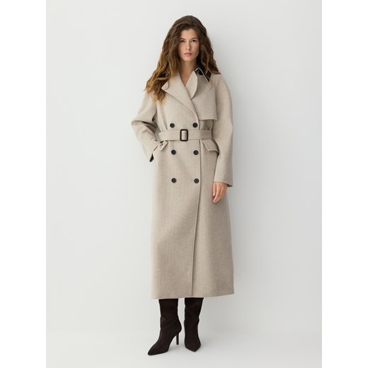 Reserved - Dwurzędowy płaszcz z wełną - beżowy ze sklepu Reserved w kategorii Płaszcze damskie - zdjęcie 186434725