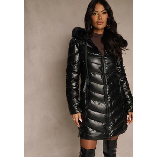 Czarna Taliowana Kurtka z Pikowanymi Przeszyciami i Kapturem z Futrem Nalidea ze sklepu renee.pl w kategorii Kurtki damskie - zdjęcie 186437176