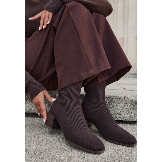 Brązowe Botki na Stożkowym Obcasie ze Skarpetową Cholewką Leriseta ze sklepu born2be.pl w kategorii Botki - zdjęcie 186440607