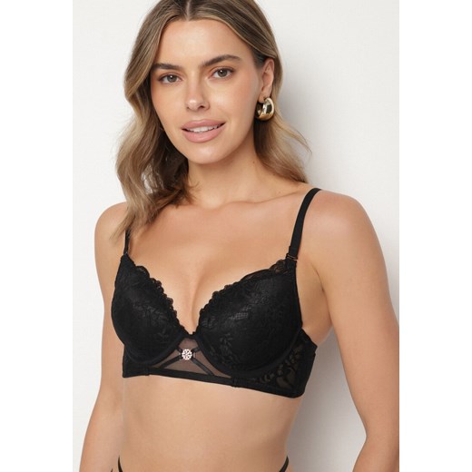 Czarny Biustonosz Typu Push-Up Ozdobiony Koronką Paskami i Aplikacją Ezinzee ze sklepu born2be.pl w kategorii Biustonosze - zdjęcie 186440867