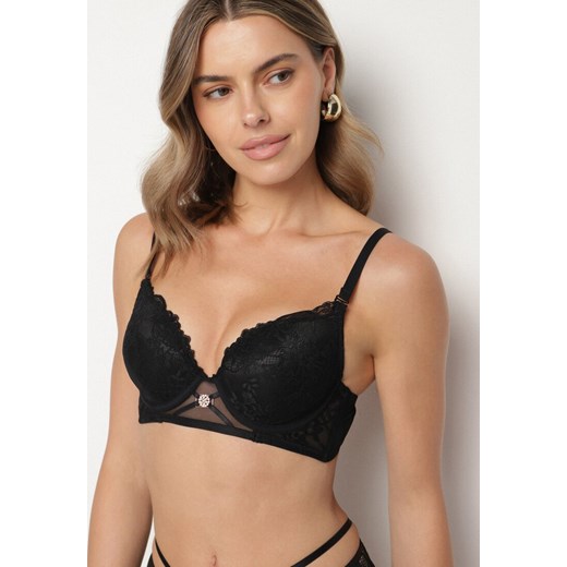 Czarny Biustonosz Typu Push-Up Ozdobiony Koronką Paskami i Aplikacją Ezinzee 85B born2be.pl