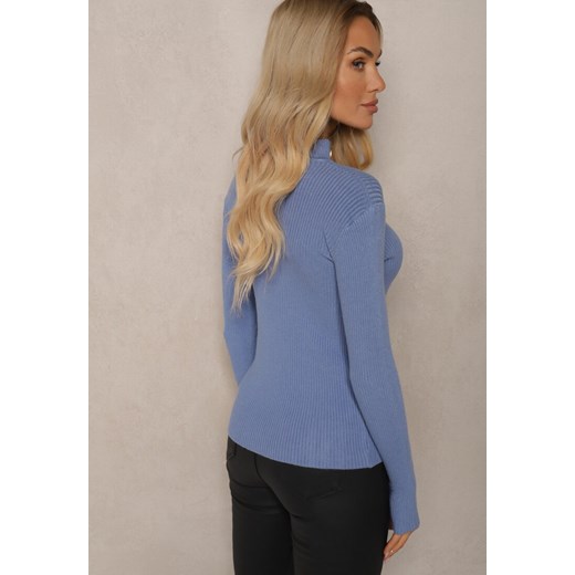 Niebieski Sweter Golf z Ozdobnym Wycięciem Przy Dekolcie Erticia Renee ONE SIZE renee.pl