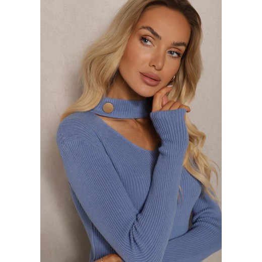 Niebieski Sweter Golf z Ozdobnym Wycięciem Przy Dekolcie Erticia Renee ONE SIZE renee.pl