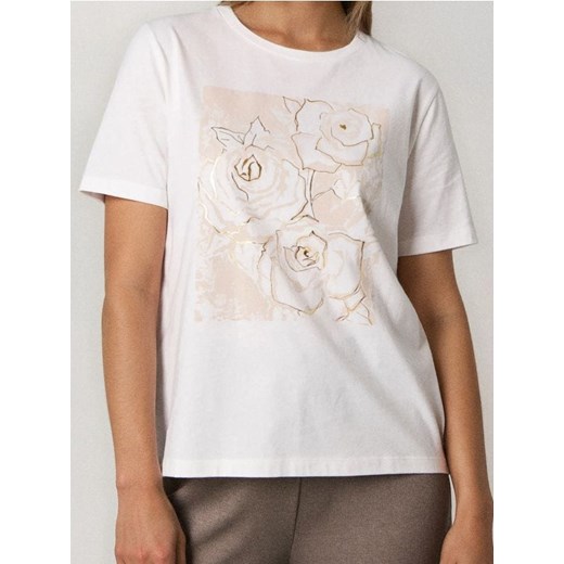 Sinsay - Bawełniana koszulka z nadrukiem - kremowy ze sklepu Sinsay w kategorii Bluzki damskie - zdjęcie 186447199