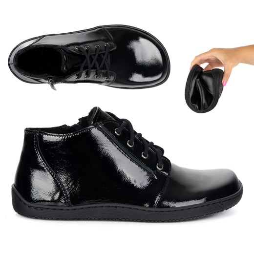 Buty damskie skórzane BAREFOOT lekko ocieplone za kostkę z zamkiem 787 czarny lakier ze sklepu butyolivier w kategorii Półbuty damskie - zdjęcie 186453948