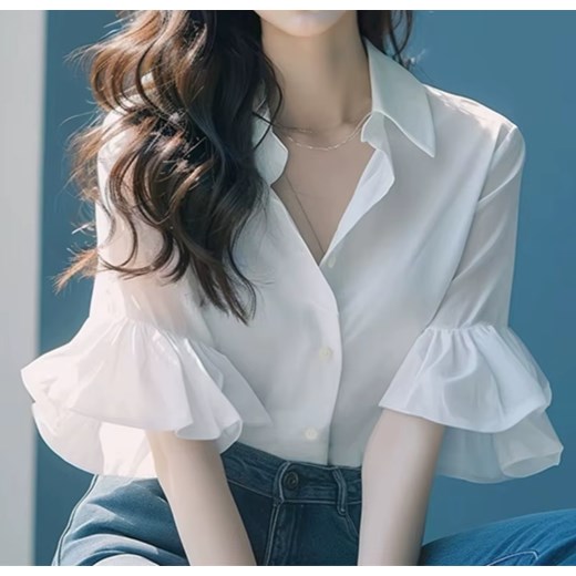 Damska koszula z falbaniastymi rękawami - Biały S ze sklepu Intimica.pl w kategorii Koszule damskie - zdjęcie 186454735
