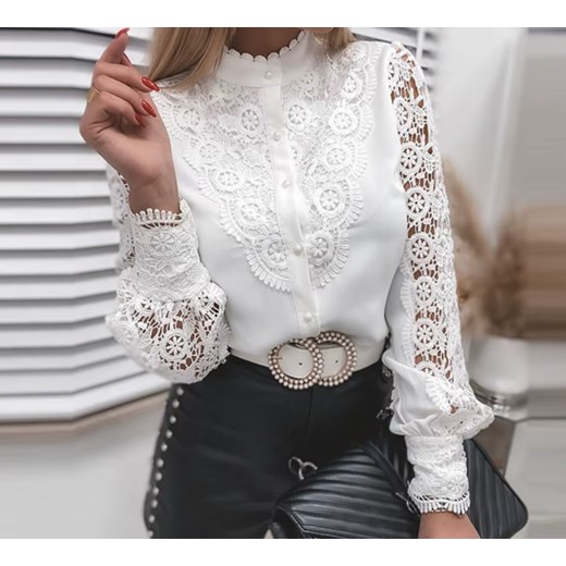 Damska koszula z koronką i bufiastymi rękawami - Biały S ze sklepu Intimica.pl w kategorii Bluzki damskie - zdjęcie 186454736