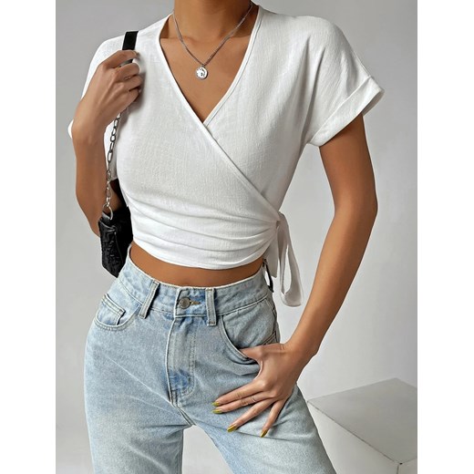 Damski wiązany top z krótkim rękawem - Biały XS ze sklepu Intimica.pl w kategorii Bluzki damskie - zdjęcie 186454967