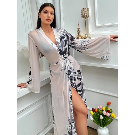 Długi satynowy szlafrok w kwiaty - Szary S ze sklepu Intimica.pl w kategorii Szlafroki damskie - zdjęcie 186455026