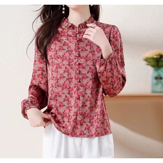 Koszula damska z ozdobnym kołnierzem - Czerwony M ze sklepu Intimica.pl w kategorii Koszule damskie - zdjęcie 186455656