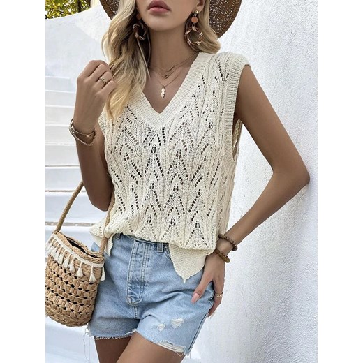 Pleciony top damski z dekoltem w serek - Kremowy S ze sklepu Intimica.pl w kategorii Bluzki damskie - zdjęcie 186456166
