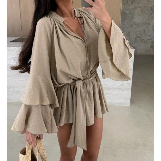 Zwiewna letnia sukienka z paskiem - Beżowy S ze sklepu Intimica.pl w kategorii Sukienki - zdjęcie 186456839