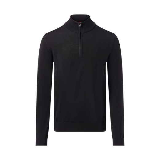 HUGO Męski sweter Troyer - San Quirin Mężczyźni drobna dzianina czarny jednolity ze sklepu vangraaf w kategorii Swetry męskie - zdjęcie 186461087