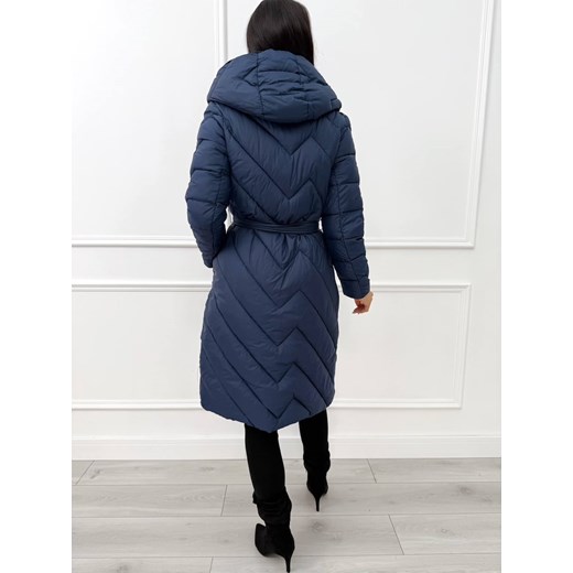 Granatowa Długa Pikowana Kurtka z Paskiem Modnakiecka.pl 44 ModnaKiecka.pl