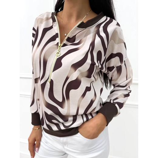 Beżowo-Czekoladowa Bluza ze Wzorem ze sklepu ModnaKiecka.pl w kategorii Bluzy damskie - zdjęcie 186464538