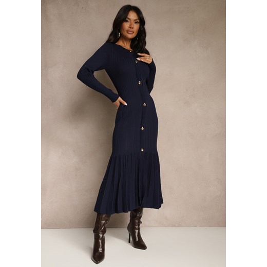 Granatowa Sweterkowa Sukienka z Wiskozą z Rozkloszowanym Dołem i Guzikami Fertilea ze sklepu renee.pl w kategorii Sukienki - zdjęcie 186465518