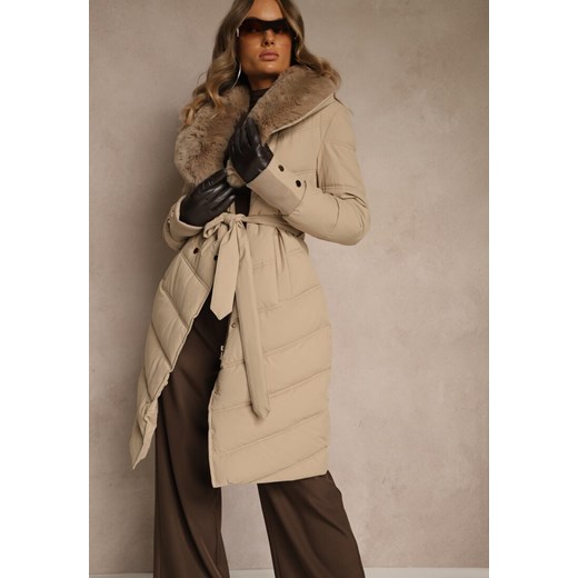 Beżowa Pikowana Kurtka o Eleganckim Kroju z Futerkiem i Wiązanym Paskiem Renee L renee.pl