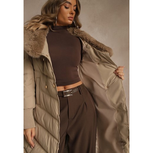 Beżowa Pikowana Kurtka o Eleganckim Kroju z Futerkiem i Wiązanym Paskiem Renee 2XL renee.pl
