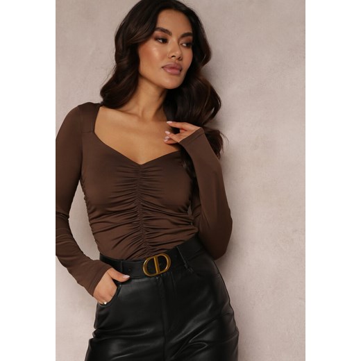 Brązowa Bluzka z Marszczeniem i Długim Rękawem Dephyllis ze sklepu renee.pl w kategorii Bluzki damskie - zdjęcie 186469665