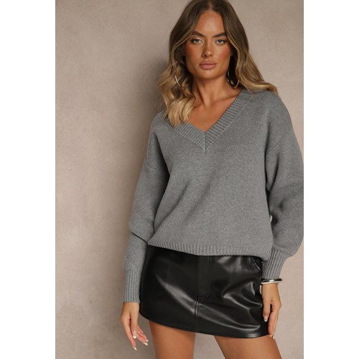 Szary Sweter z Kaszmirem i Trójkątnym Dekoltem Plenne ze sklepu renee.pl w kategorii Swetry damskie - zdjęcie 186469718
