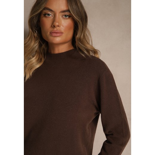 Brązowy Gładki Sweter z Półgolfem z Dzianiny z Wełną i Wiskozą Zaiara Renee ONE SIZE renee.pl