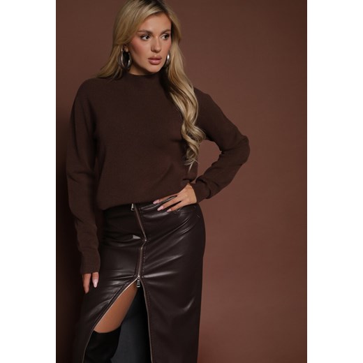 Brązowy Gładki Sweter z Półgolfem z Dzianiny z Wełną i Wiskozą Zaiara Renee ONE SIZE renee.pl