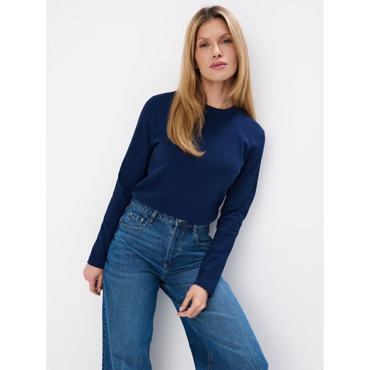 Mohito - Granatowy longsleeve z merceryzowanej bawełny - granatowy ze sklepu Mohito w kategorii Bluzki damskie - zdjęcie 186469946