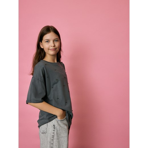 Reserved - T-shirt z aplikacją - ciemnoszary ze sklepu Reserved w kategorii Bluzki dziewczęce - zdjęcie 186473759
