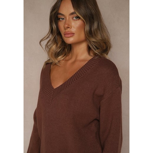 Brązowy Sweter z Kaszmirem i Trójkątnym Dekoltem Plenne Renee ONE SIZE renee.pl