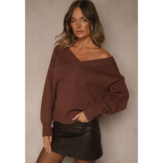 Brązowy Sweter z Kaszmirem i Trójkątnym Dekoltem Plenne Renee ONE SIZE renee.pl