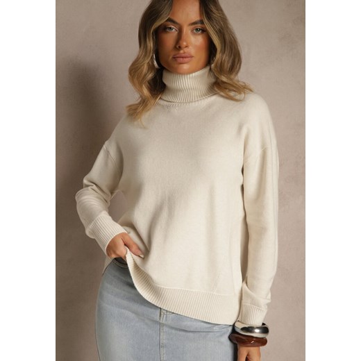 Jasnobeżowy Golf z Dodatkiem Kaszmiru z Przeszyciami po Bokach Avenella ze sklepu renee.pl w kategorii Swetry damskie - zdjęcie 186474077