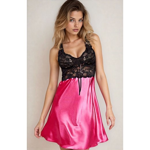 Satynowa koszulka nocna damska Oliwia pink, Kolor różowo-czarny, Rozmiar S, DKaren ze sklepu Intymna w kategorii Bielizna nocna - zdjęcie 186483417