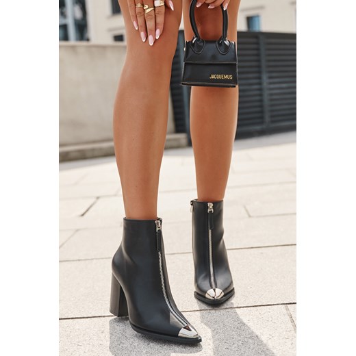 Damskie Botki Obcas Słupek Ozdobny Zamek Eko Skóra Czarne Wiviane ze sklepu ZAZOO w kategorii Botki - zdjęcie 186485585