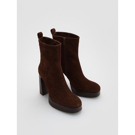 Reserved - Skórzane botki na obcasie - brązowy Reserved 38 Reserved