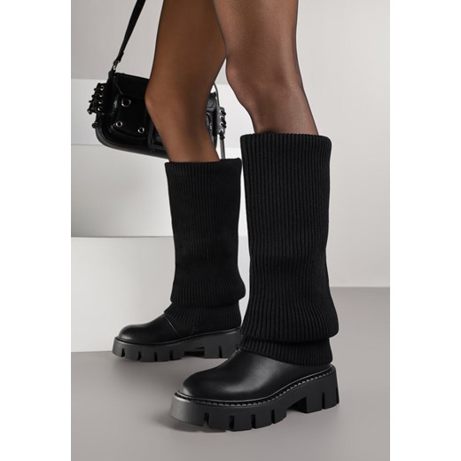 Czarne Kozaki Chunky z Dzianinową Cholewką Imitującą Nogawkę Fenema - id: 5833-38-BLACK - marki Renee - 186491759 Czarne Kozaki Chunky z Dzianinową Cholewką Imitującą Nogawkę Fenema ze sklepu renee.pl w kategorii Kozaki damskie - zdjęcie 186491759